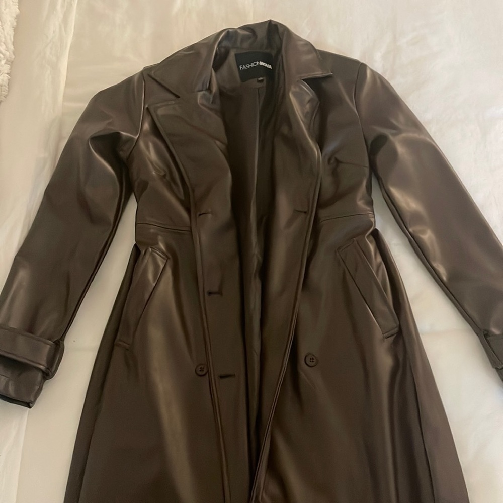 Faux leather chocolate brown trench coat
